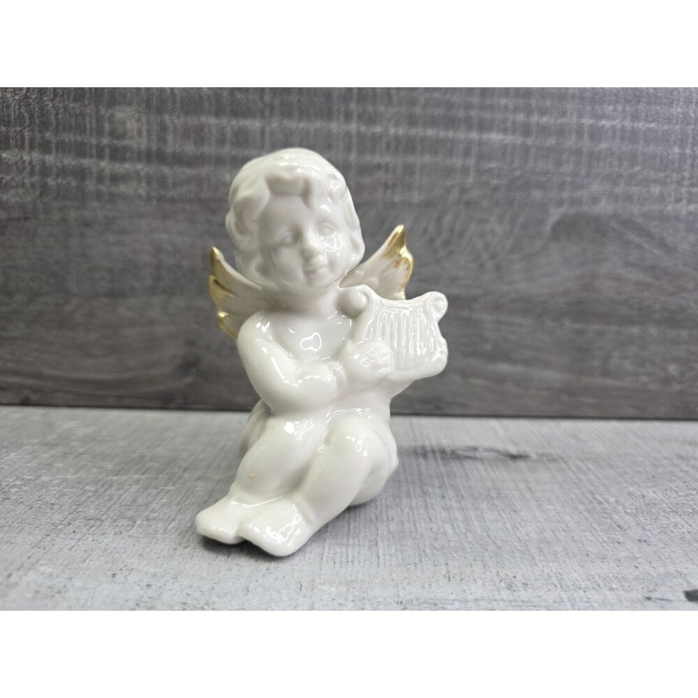 Vintage Cherub Angel w Harp Cream Lusterware Ceramic Figurine 4"  g56.1